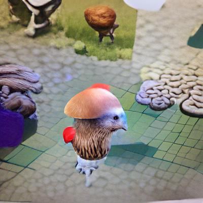A chicken with a mushroom as head