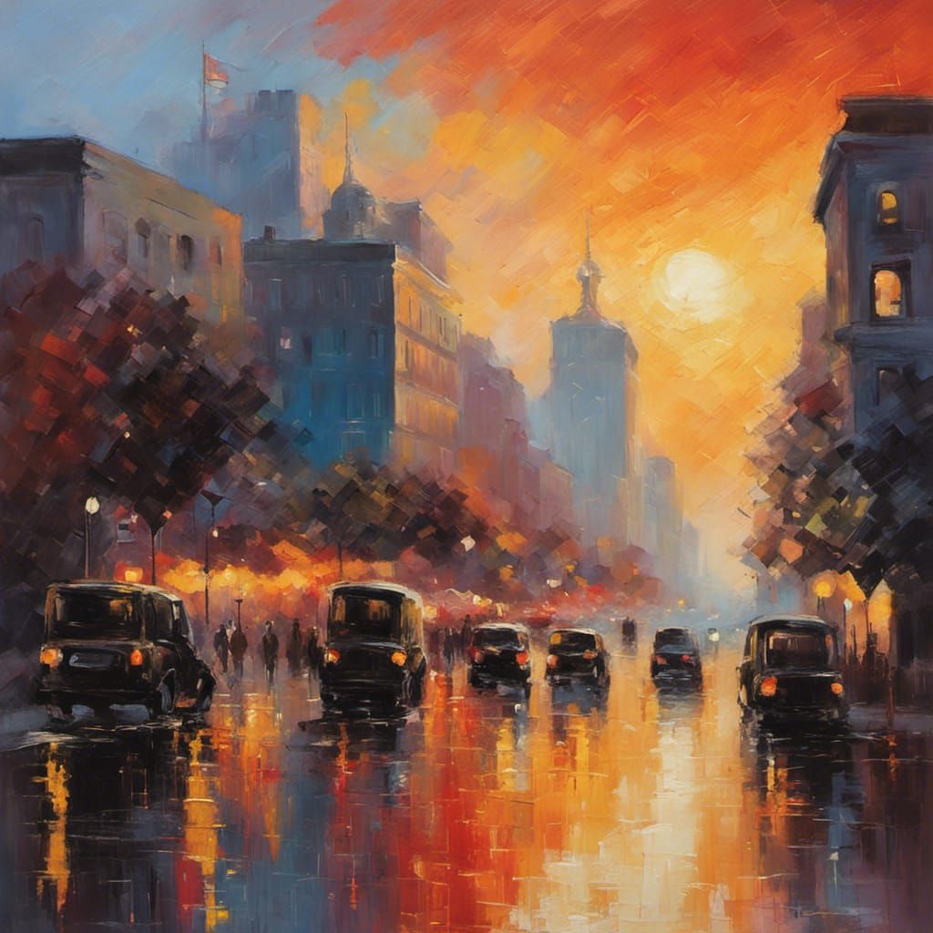 Impressionist painting of a cityscape at sunset, with vibrant colors and a hazy atmosphere  by @Arindam_G