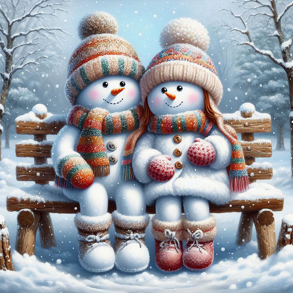 Sweet Snow Couple snuggling on a park bench,
