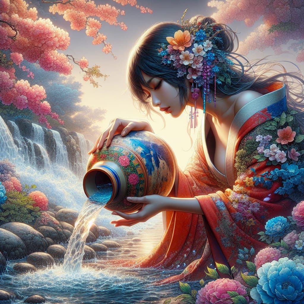 Beautiful woman lets water run out of a jar into a flowing river By artist "anime", 3d anime art, inspired by WLOP, Arts...