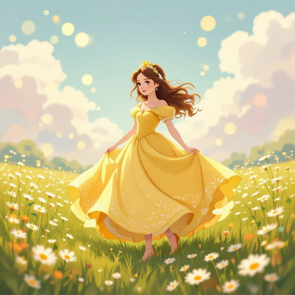 Princess Twirling in Daisy Field: Whimsical Fantasy Art