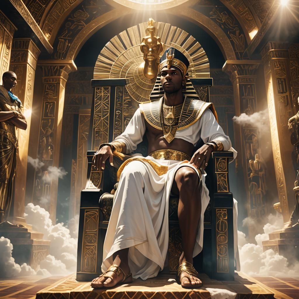 BLACK MALE PHARAOH SITTING ON HIS THRONE IN HIS PALACE .