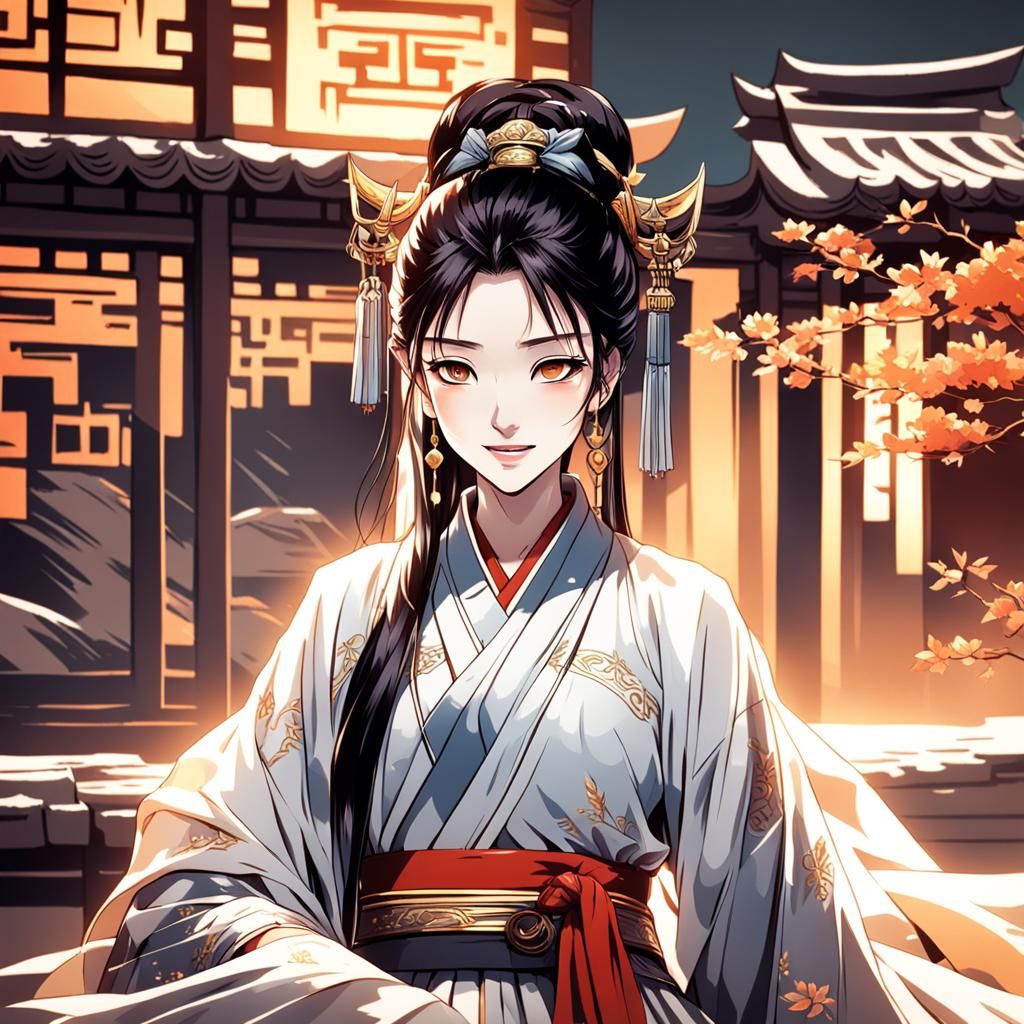 (ancient china) a beautiful young woman coyly smiling
 

Masterpiece, Best Quality, flat, Manga Scan, Anime, cinematic l...