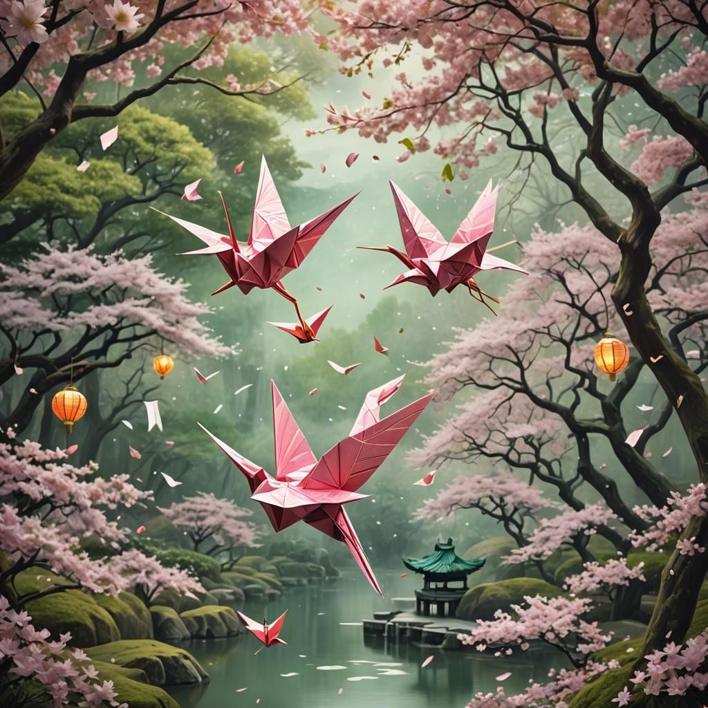 Delicate Origami Crane in a Cherry Blossom Garden
