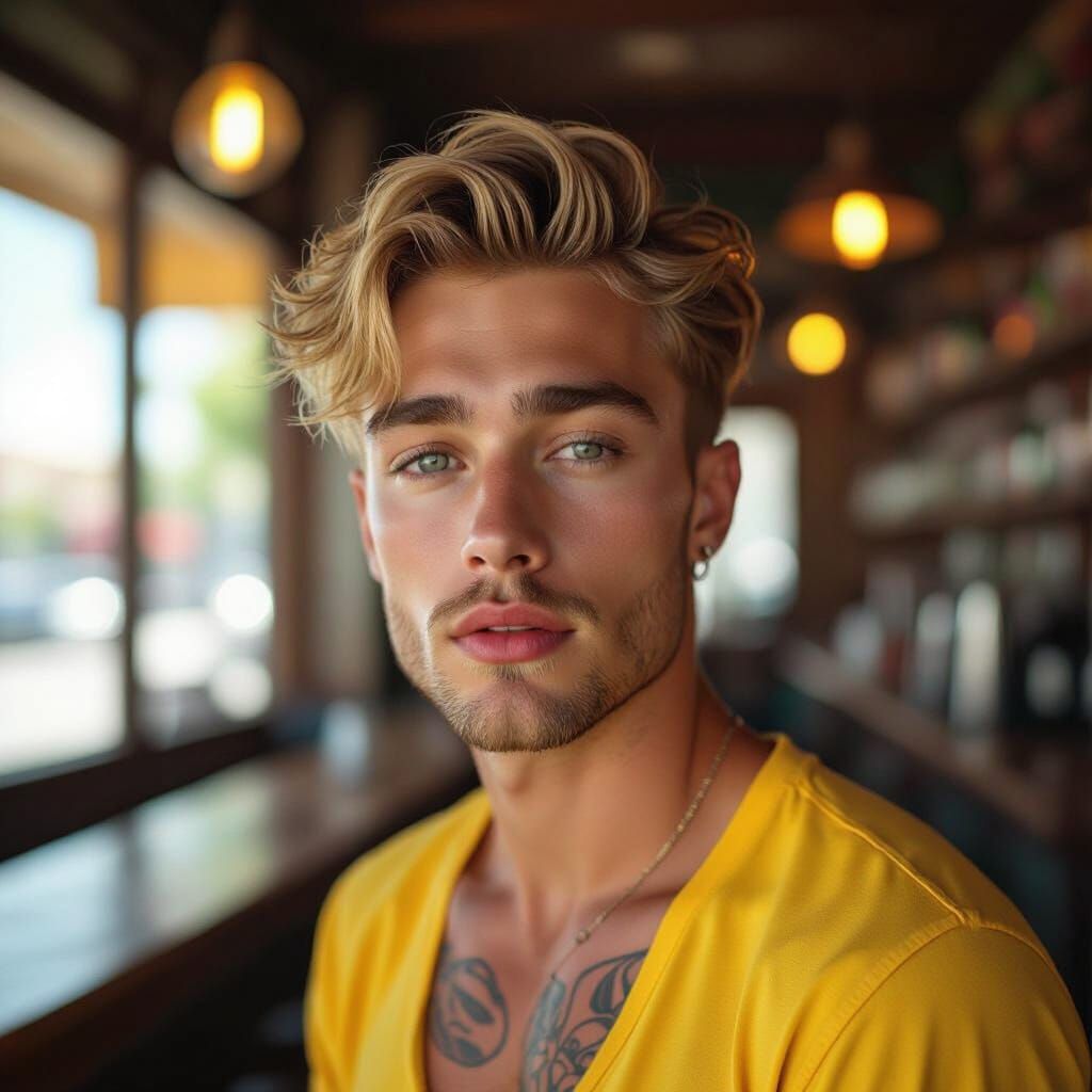 Handsome Young Man in Sun-Kissed City Bar