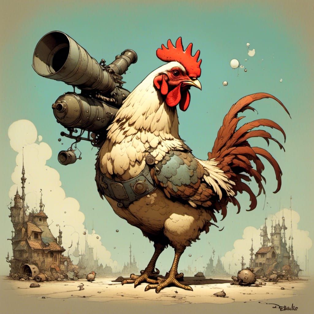A chicken holding a bazooka, smooth, perfect, high definition, <lora:cuteNcreepy:1.0> 
