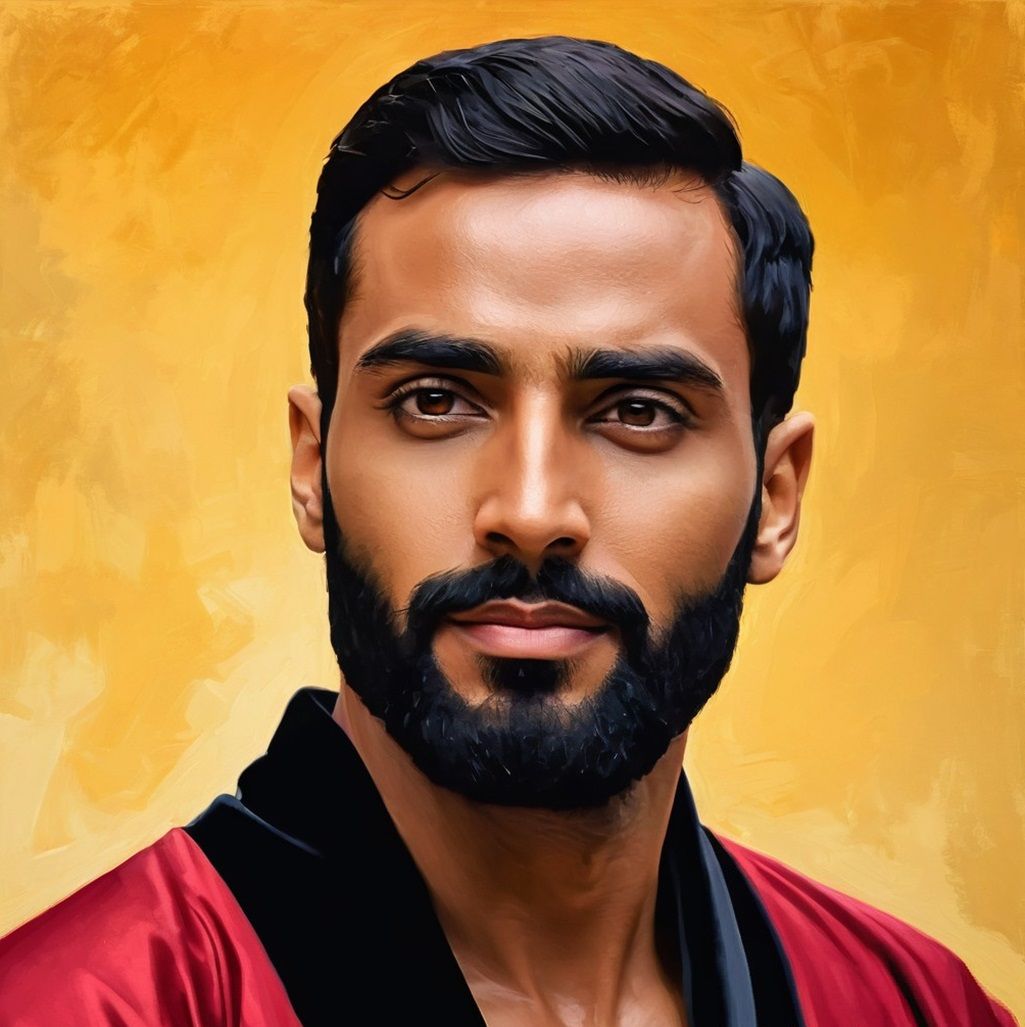 A handsome bearded  man  wearing a      red     bathrobe  wi...