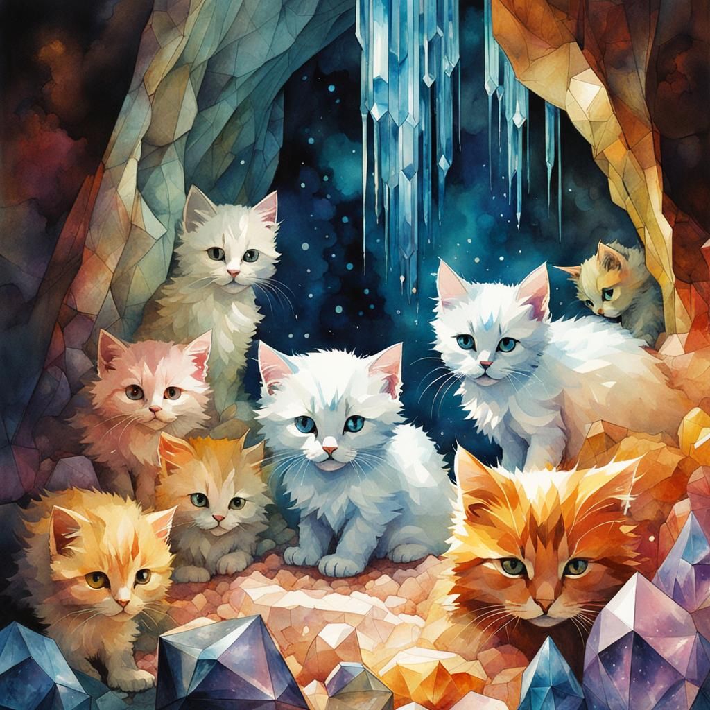 Cave of kittens made of crystals, crystal kittens filling a cave, cave ...