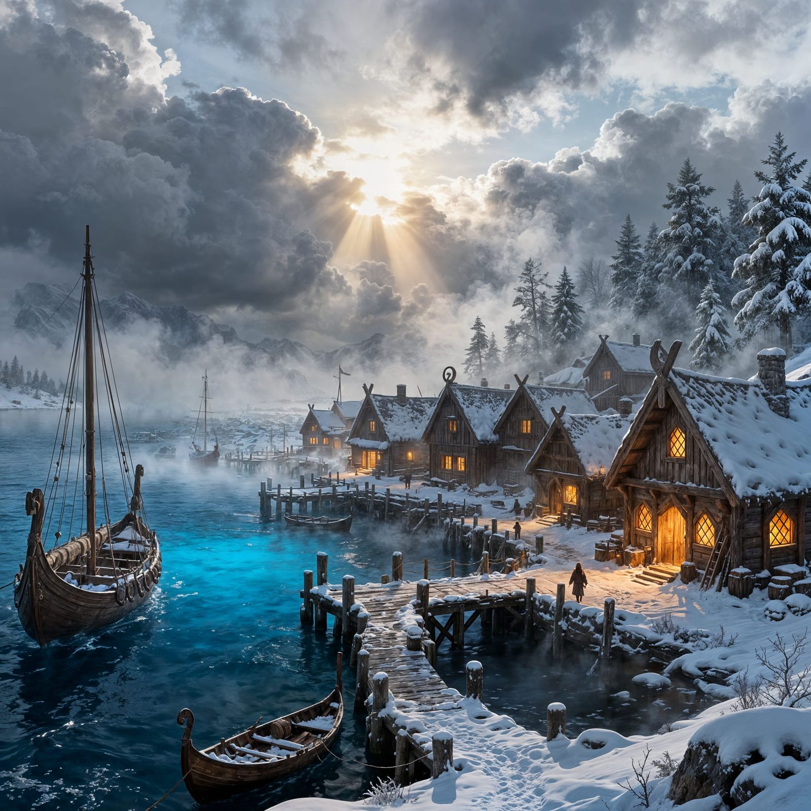 Viking Harbor Winter Landscape in Digital Fantasy Art