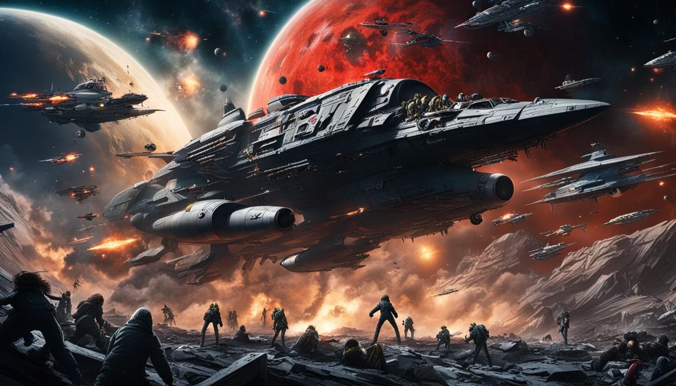 Captain Harlock and crew fighting in space battle, photoreal...