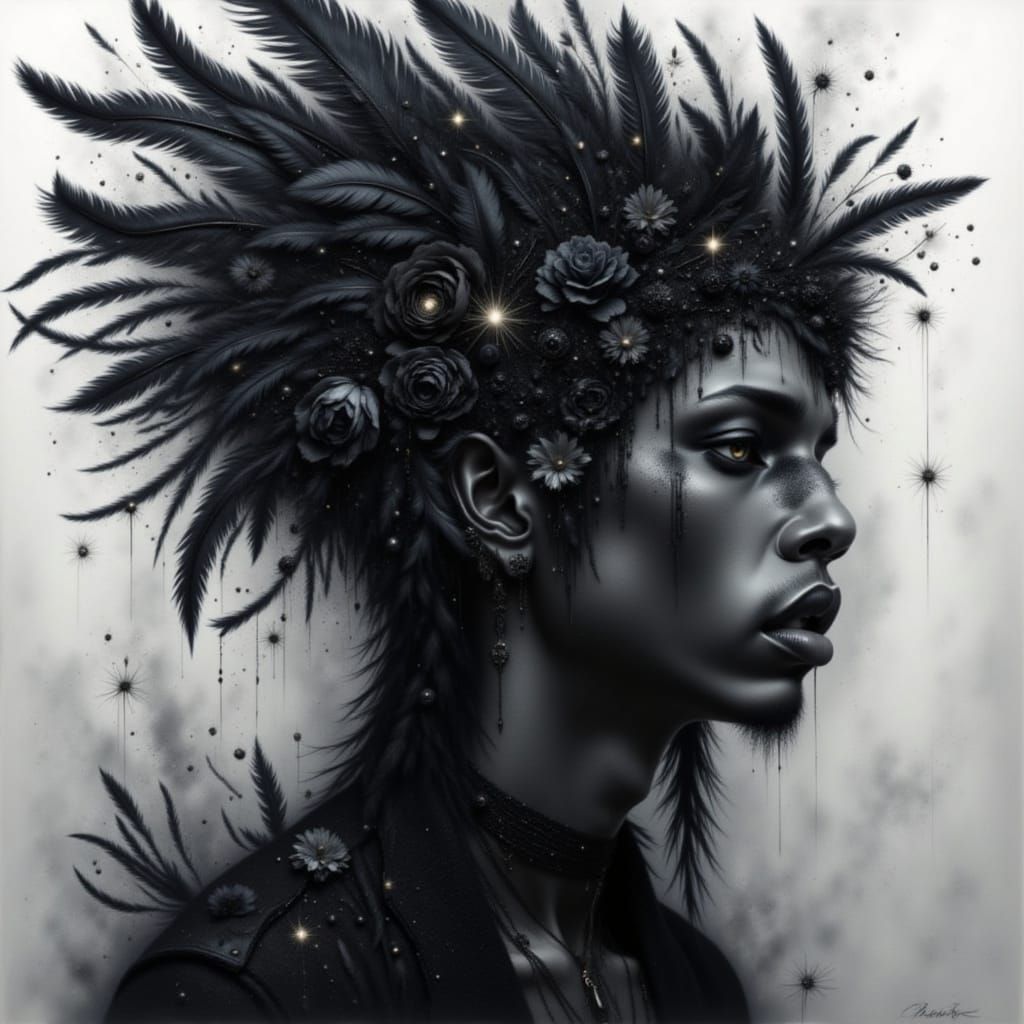 <lora:Bleak Intensity:1.0> Pencil drawing, abstract art, African man, man with matte natural skin, profile, silver background, feather and f...