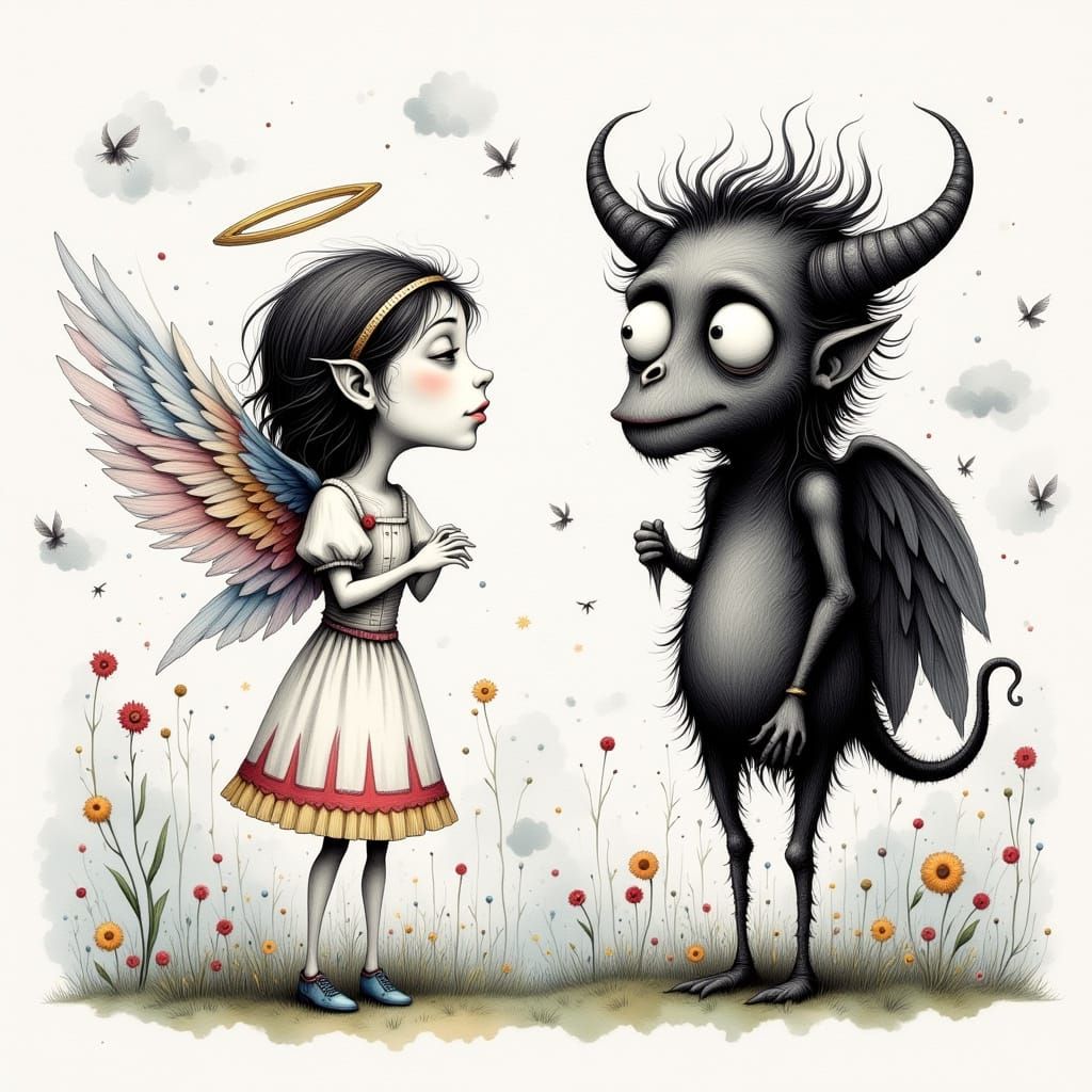 Angel and Demon Clash in Whimsical Dreamscape