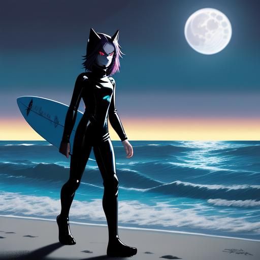 Female surfer lycan werewolf, wearing wetsuit, holding surfb...