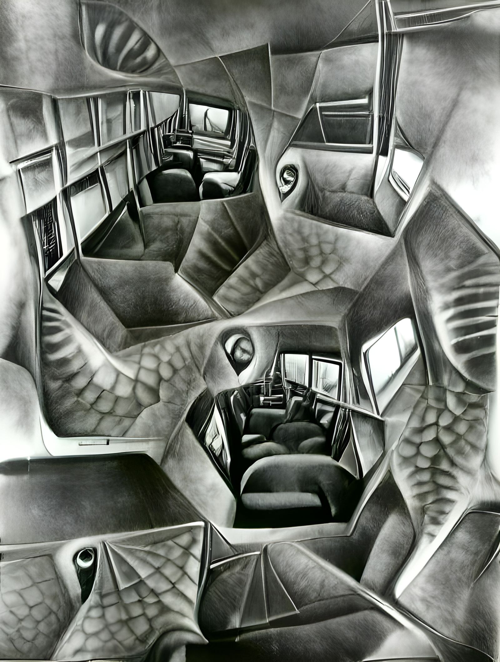 non-euclidean bus interior, fine charcoal, in the style of M...