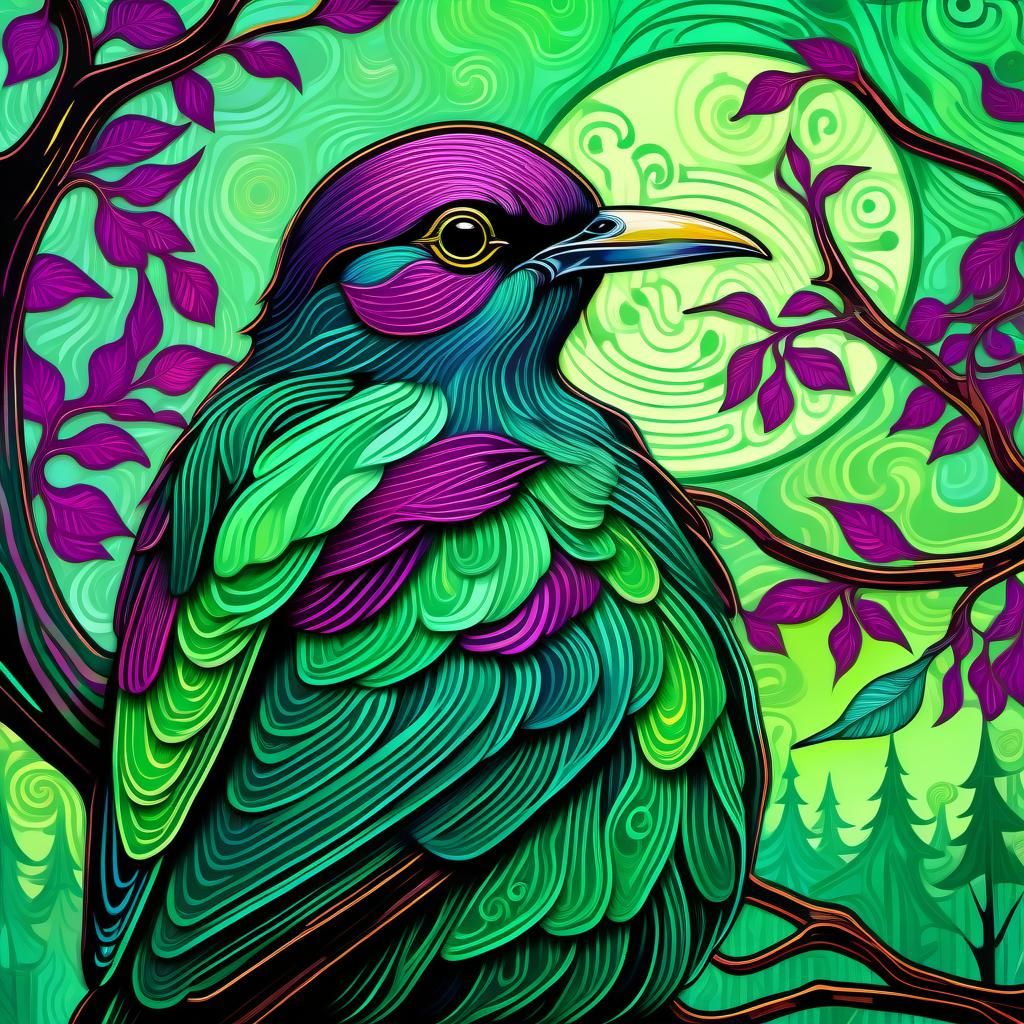 A bird sits on a tree in the forest.