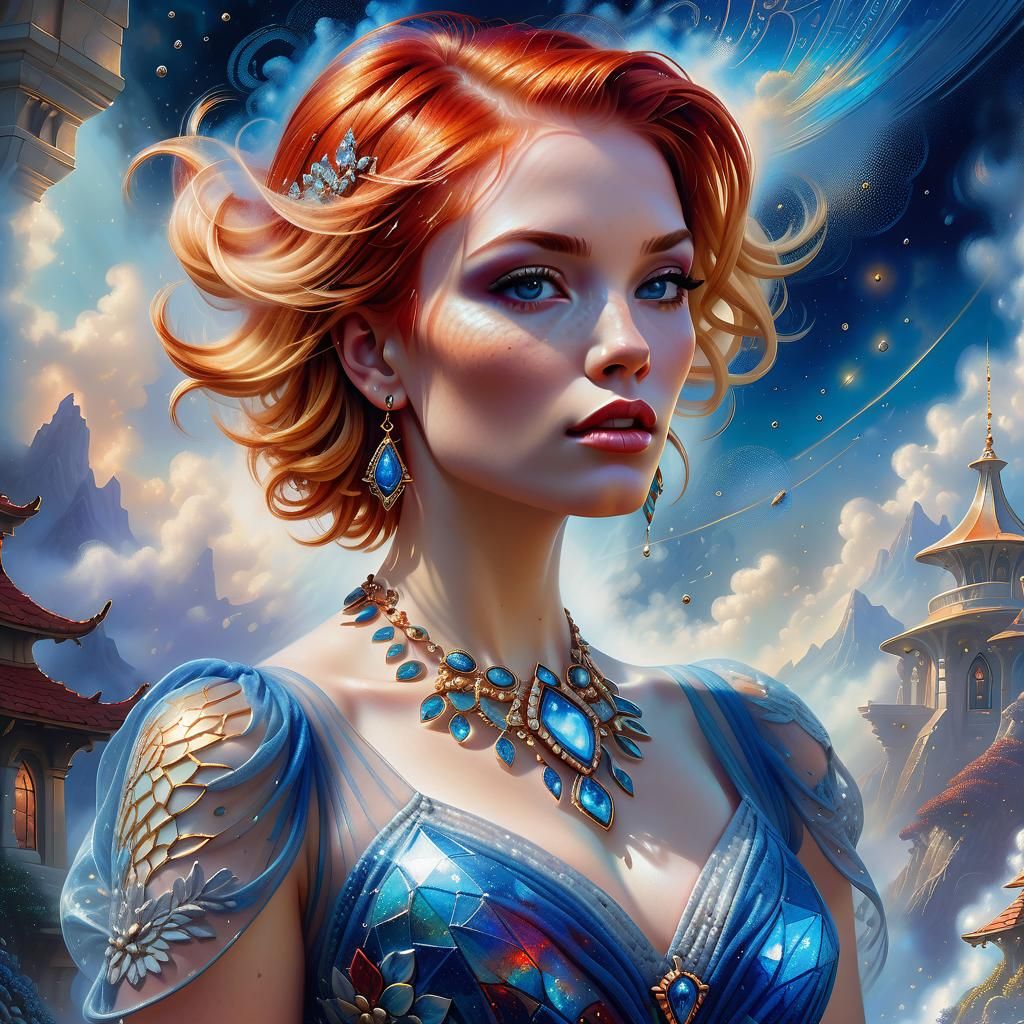 Young women with Short Blond Red hair in a Blue Dress