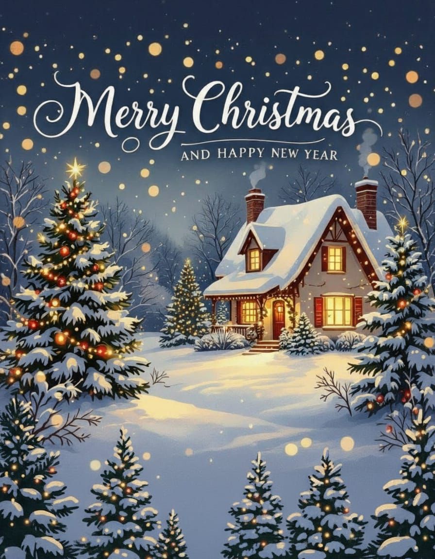 Create a festive Christmas card design featuring a cozy winter scene. Include softly falling snow, twinkling lights, decorated evergreen tre...