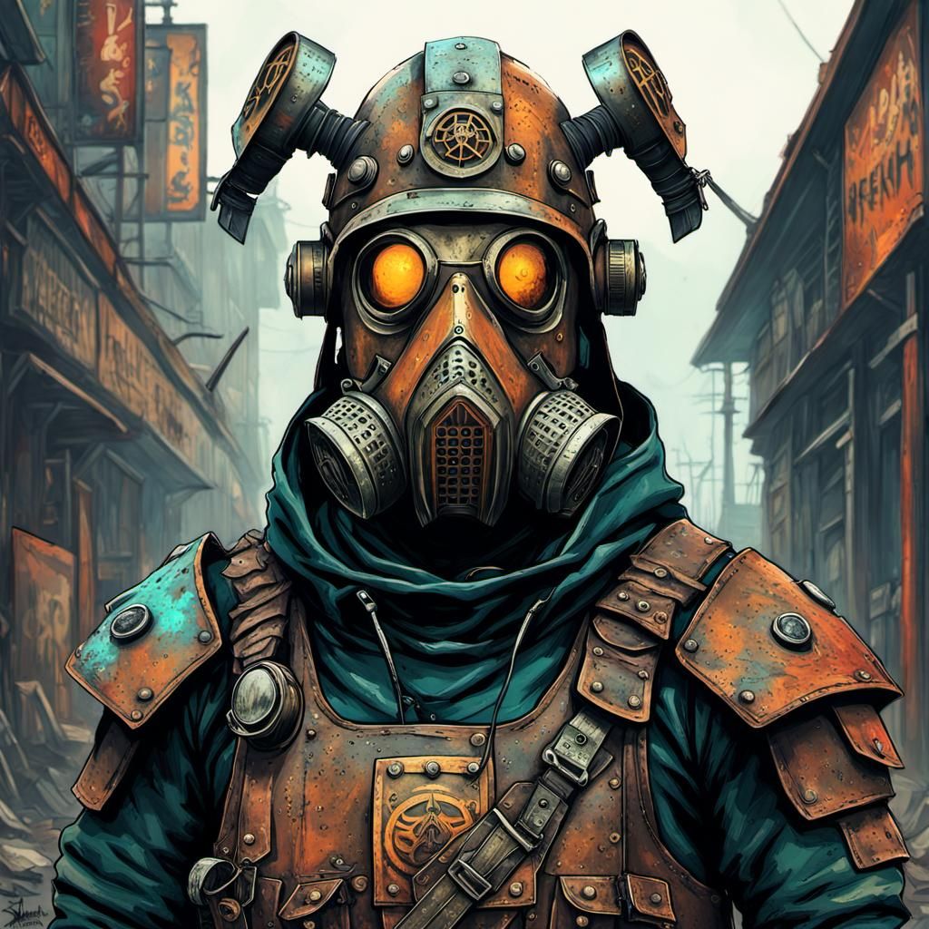 vibrant colors, Post-apocalyptic wonderland, nuclearpunk, armour, metal ...