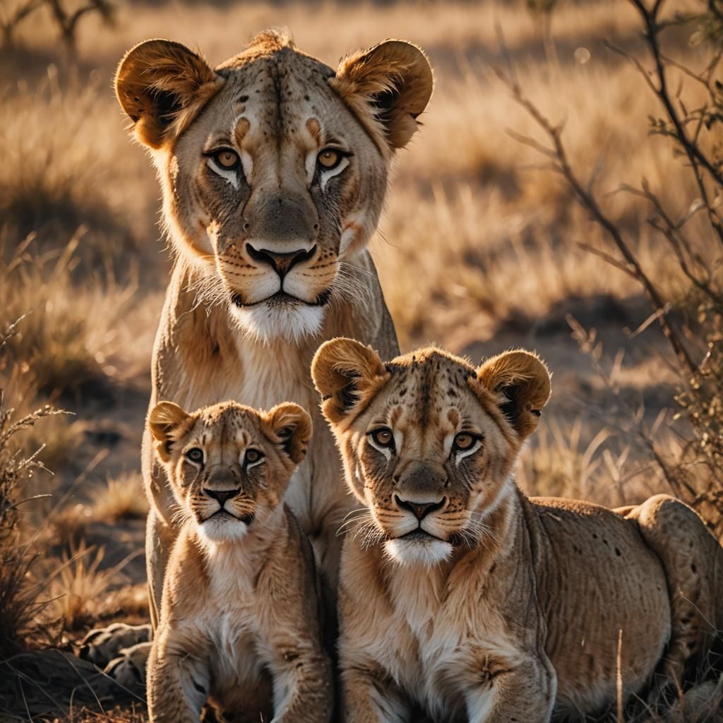 Closeup of a lioness and a lion cub. Face portrait. Highly detailed and realistic, beautiful soft sunset lighting, cinematic dramatic lighti...
