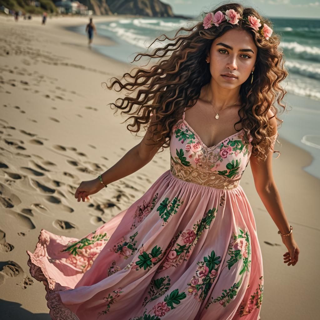 Gorgeous Mexican Woman in Pink Dress on Beach