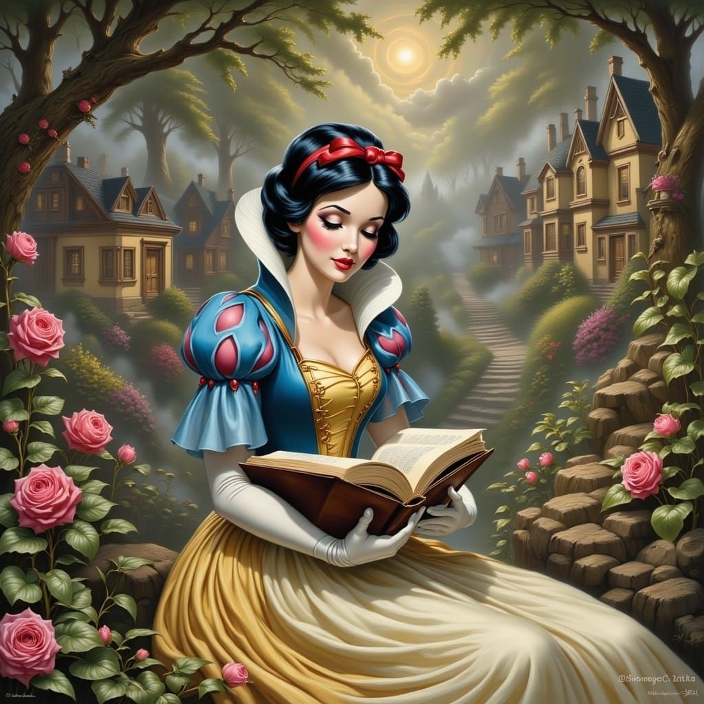 <lora:Disney Art Flux:1.0> Snow White reading from The Book of Guy 