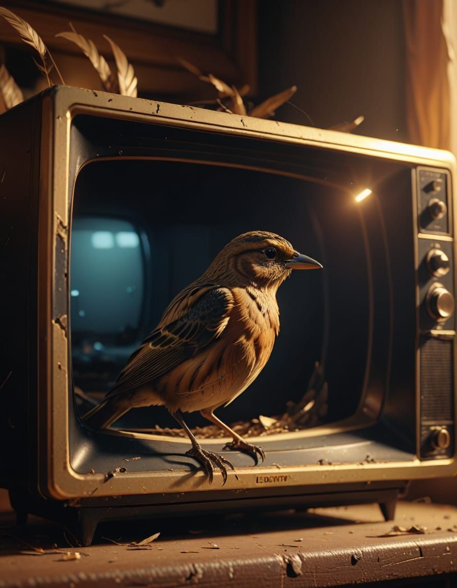 A bird living in an old broken crt tv