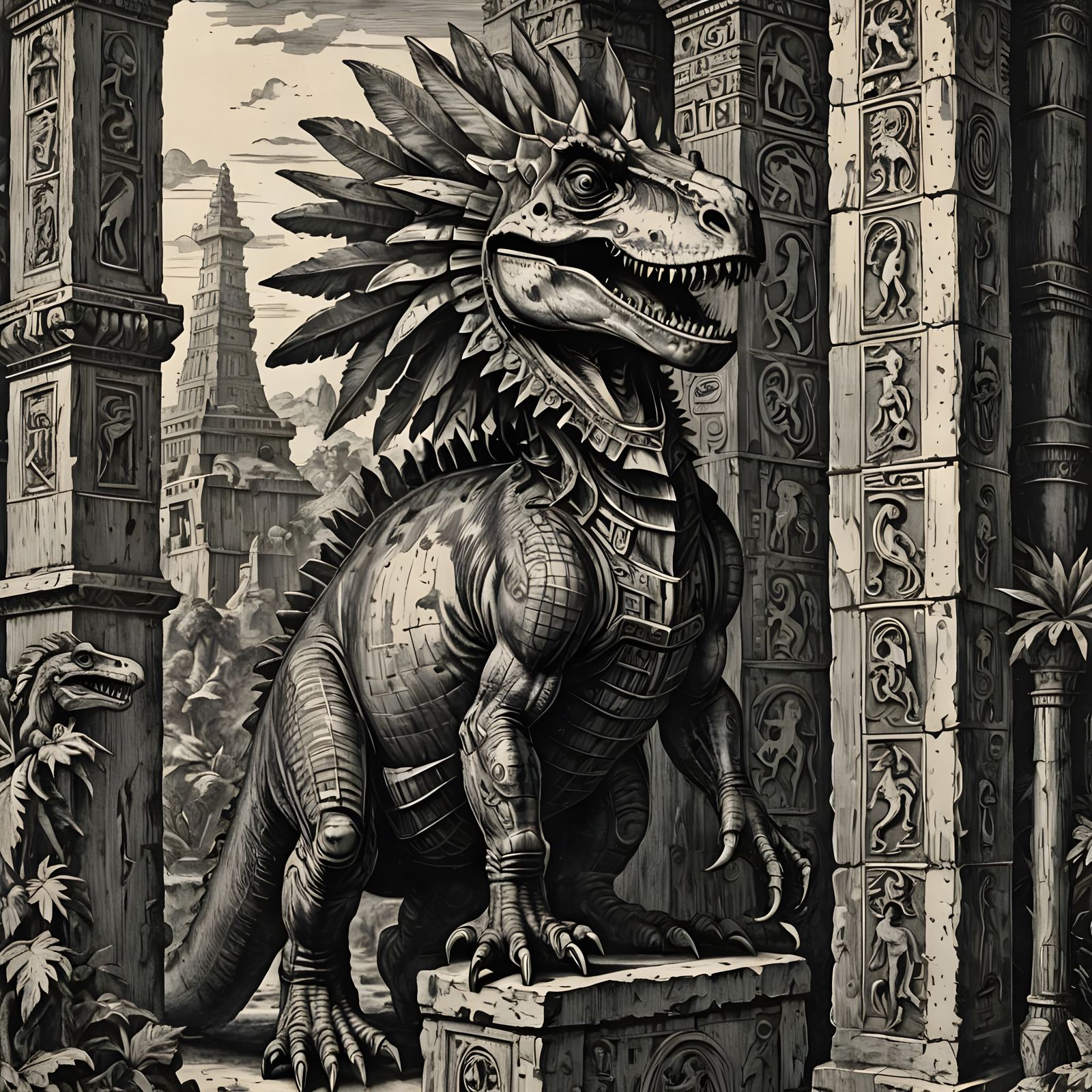 a dinosaur in an Aztec ruin