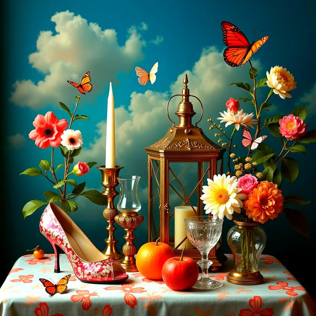 Surrealistic Still Life in a Dreamy Blue Sky