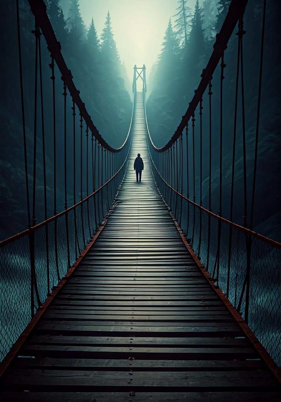  suspension bridge at magnificent height over River below. Missing and broken pi...