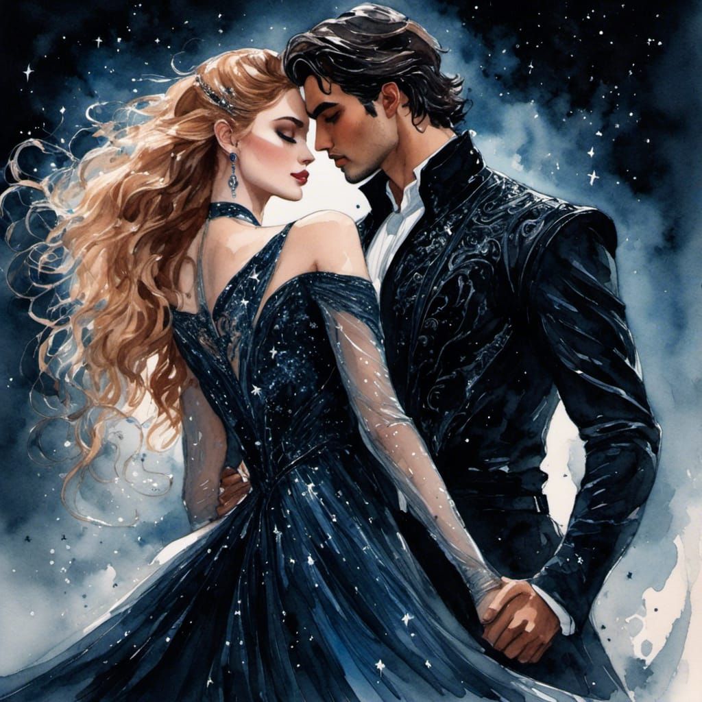 <lora:FantasyLove:1.0> Couple, beautiful woman feyre wearing a gown made of liquid starlight, and devastatingly handsome masculine rhysand w...