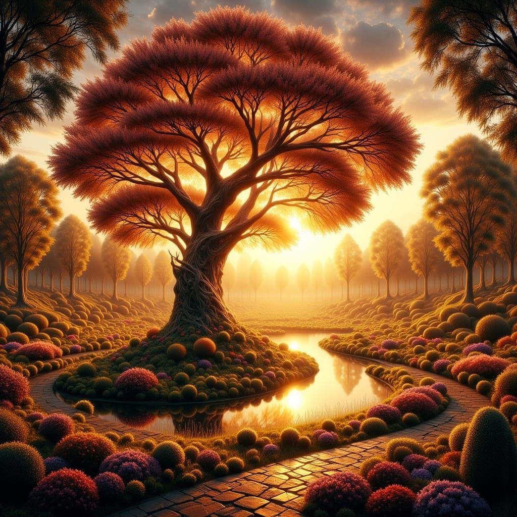 Golden Spiral Garden in Soft Sunset Light