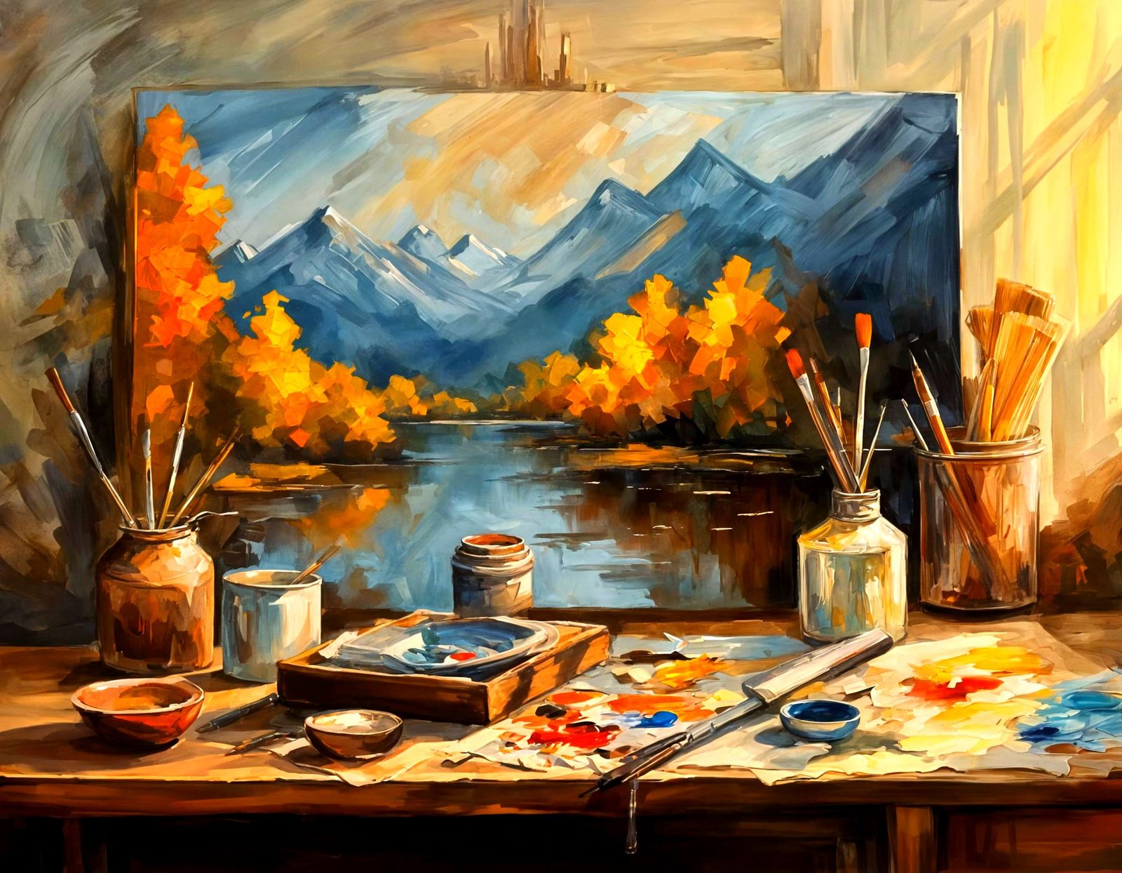 Artist's Workspace With Painting Tools in Rustic Style