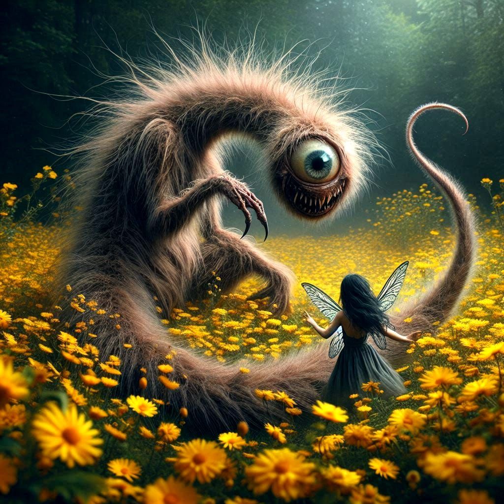 Monster and fairy in a flower field