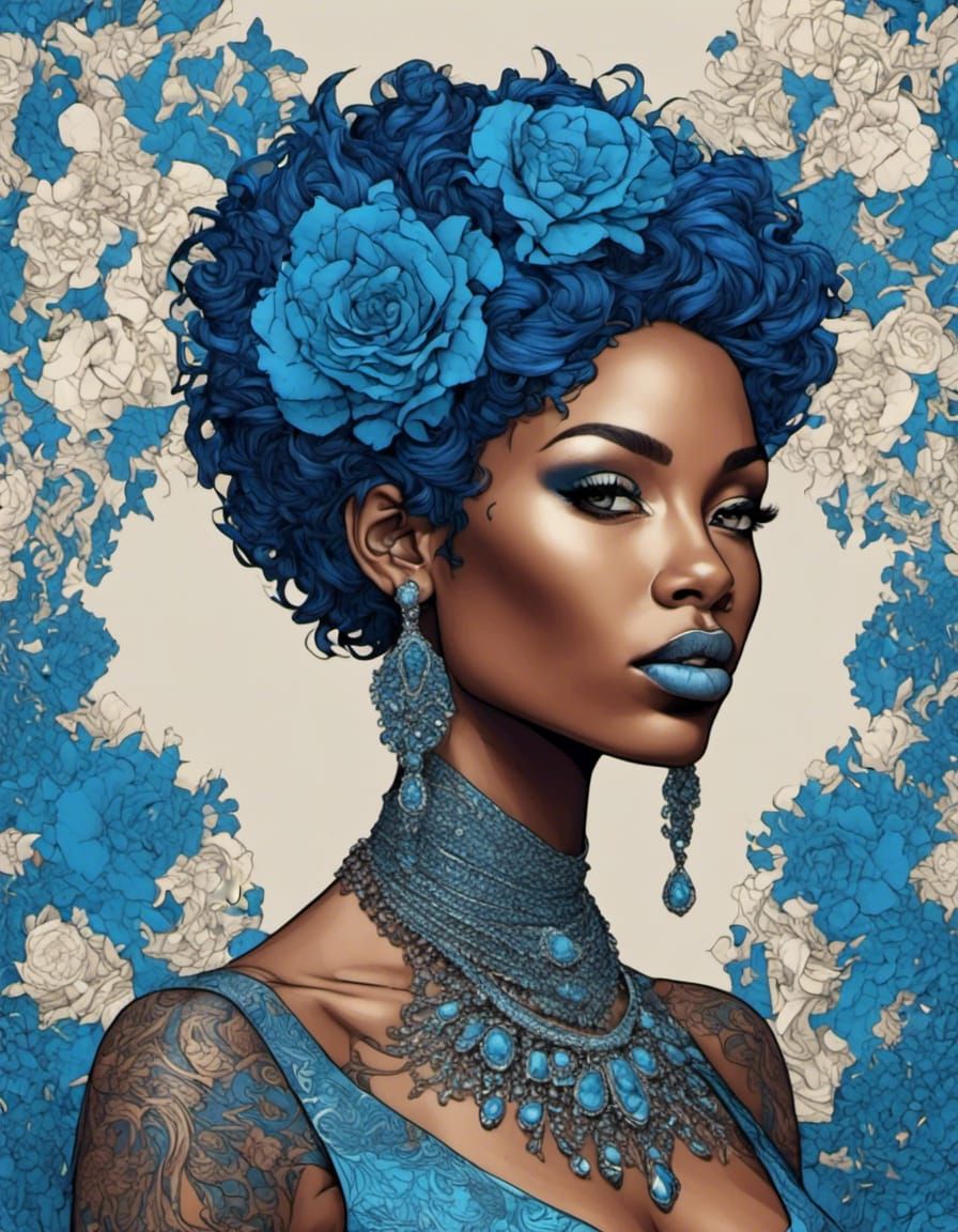 melanated, short hair, flowers, blue <lora:Selective Color Art:1.0> 
