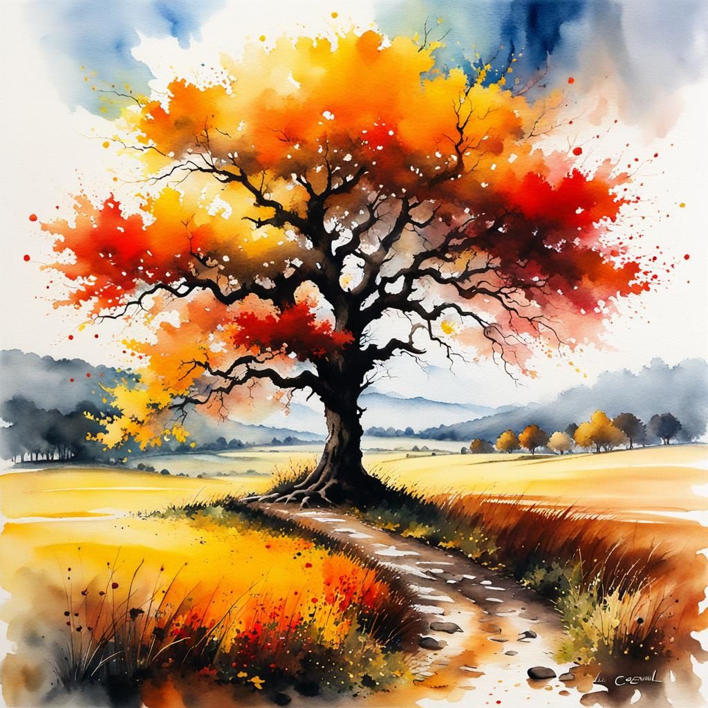 Autumnal tree, painting, pastoral charm,  miniature and smal...