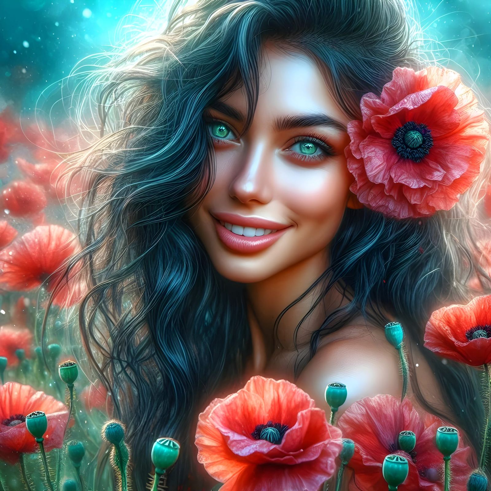 Woman among red poppies