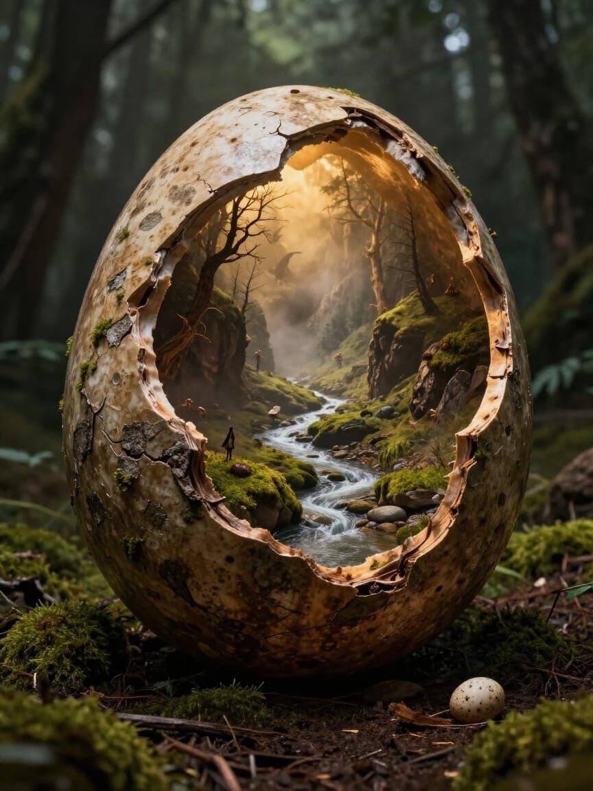 A colossal, ancient eggshell, rugged and textured like mossy tree bark and weathered stone, stands vertically, ...  by @undefined