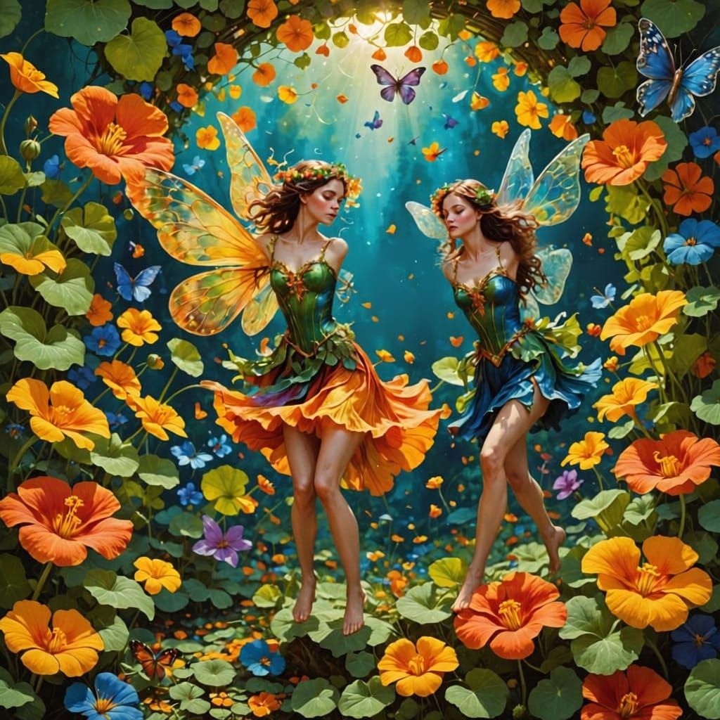 Faeries dancing in the middle of multi-coloured nasturtium flowers 