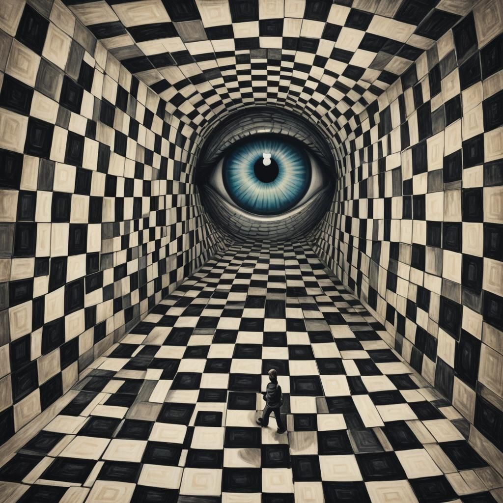  Distorted unbalanced reality checkerboard path tower detailed glowing eye surreal  by @Theartfarm
