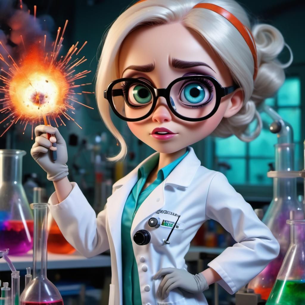 Disney Pixar style 3D stunningly beautiful woman scientist, ...