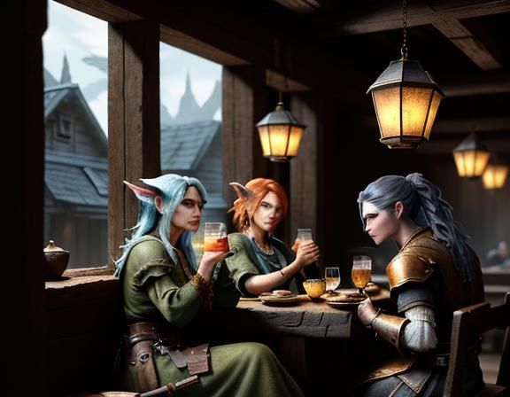 three female goblins drinking cocktails in a rustic tavern. ...