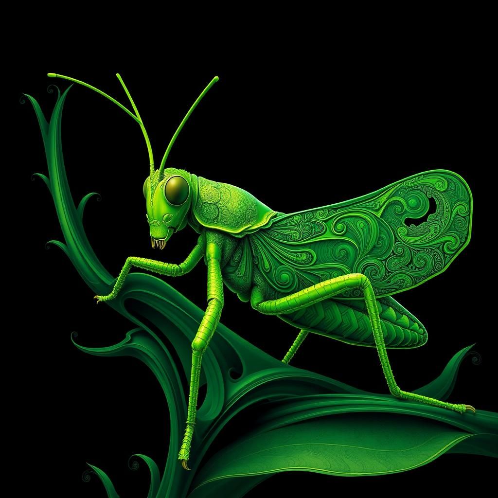 Grasshopper, vivid green, intricate detail fractle, dark background   by @Wildflowers77 