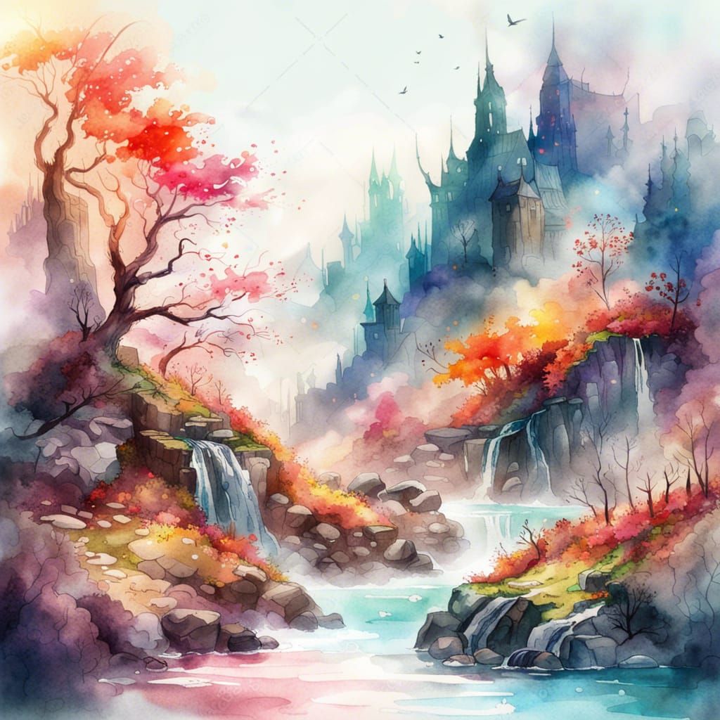 Japanese watercolor landscape - AI Generated Artwork - NightCafe Creator