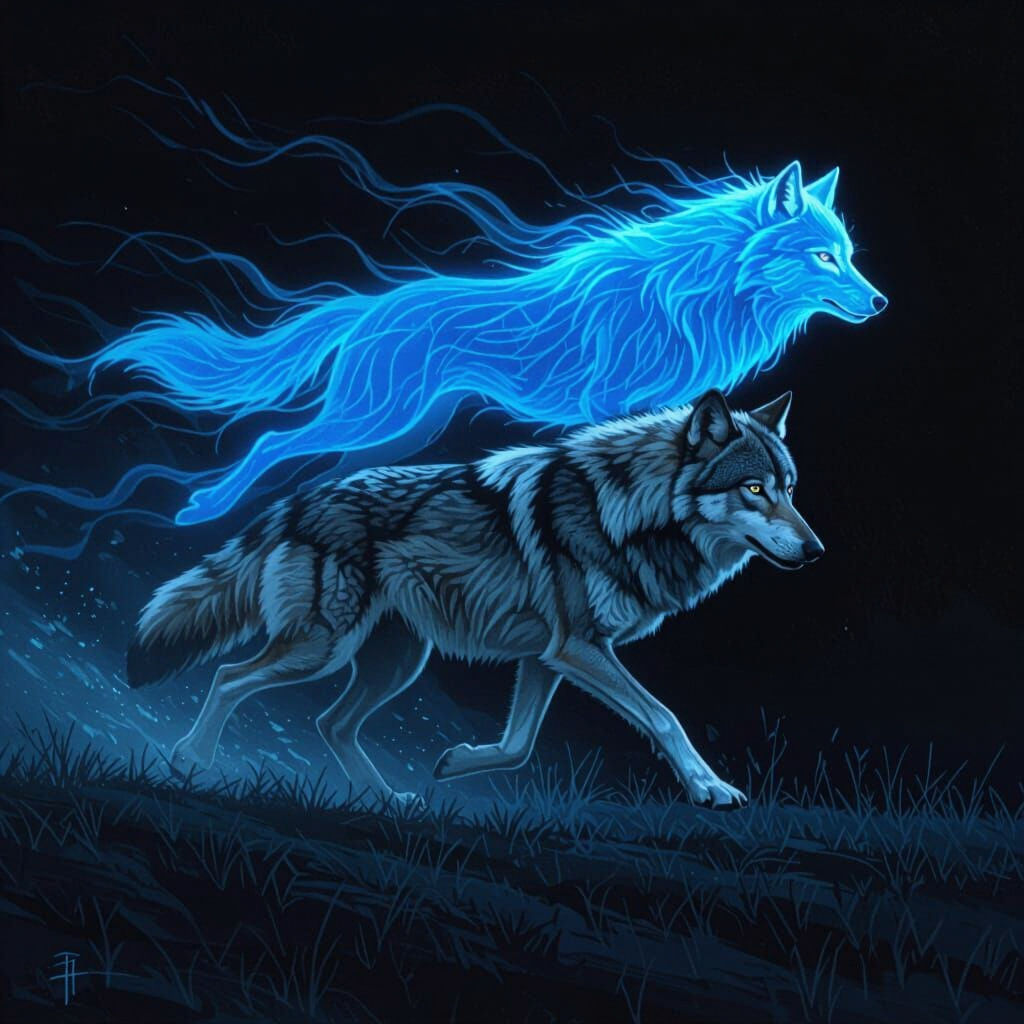 Side shot of grey wolf running with a blue spirit of another wolf besides.  Background black 