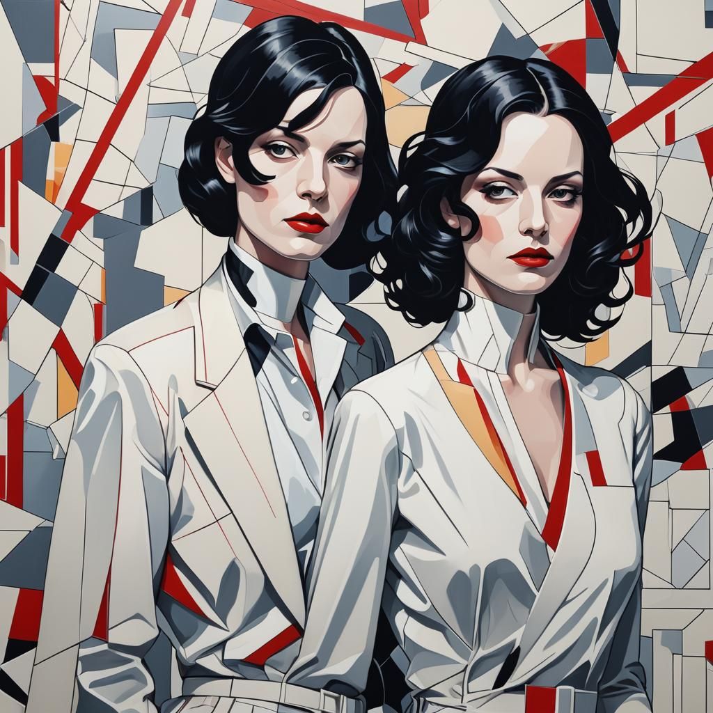 The white stripes in the style of Patrick nagel cubist paint...