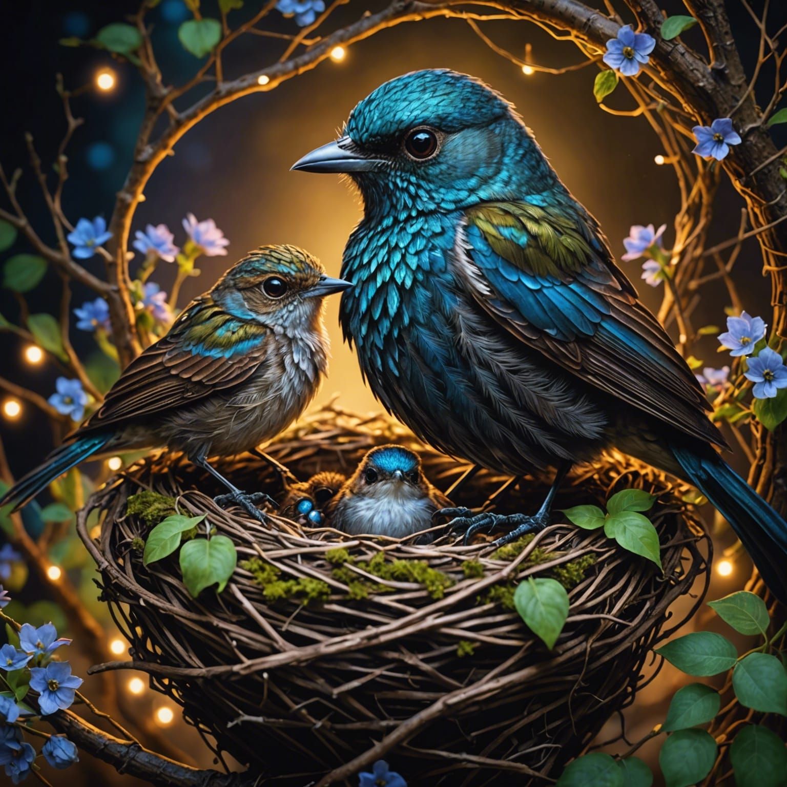 Momma nightingale and her little ones  by @Noquelle