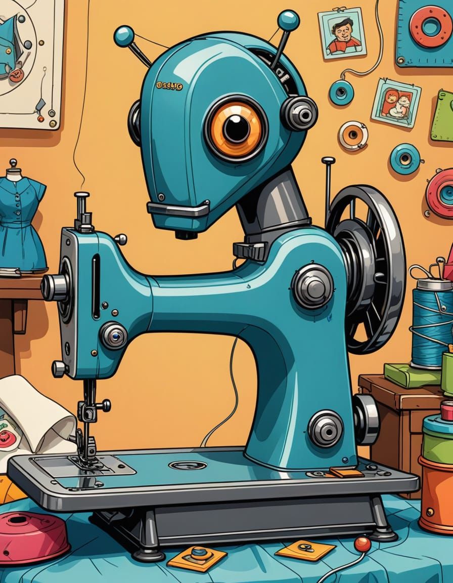 Cartoon Characature cartoon of sewing machine with a focused face cartoon  by @Borike