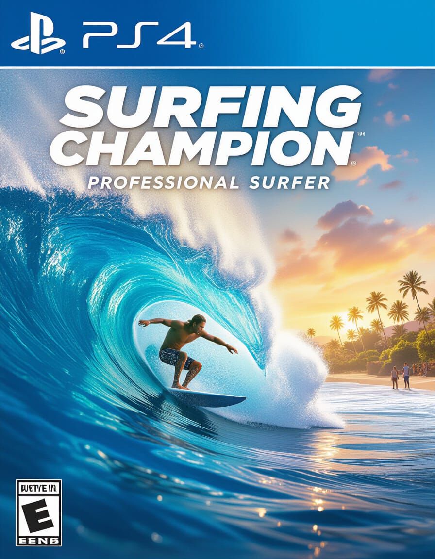 PlayStation game box and cover for 'Surfing Champion', professional surfer riding massive blue wave with ...  by @CyberneticBionic