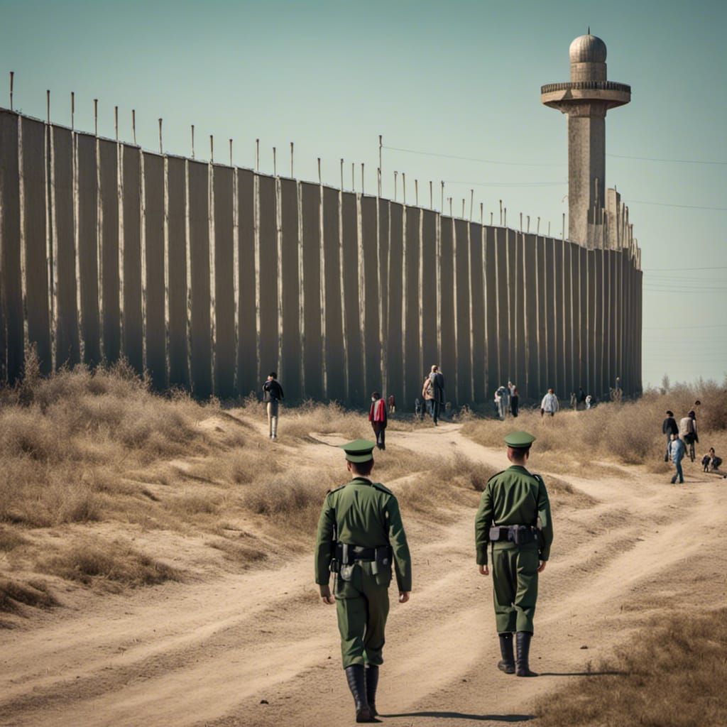Border guard watching the border barrier and people walking past
 <lora:Modern Cyberpunk:1.0>