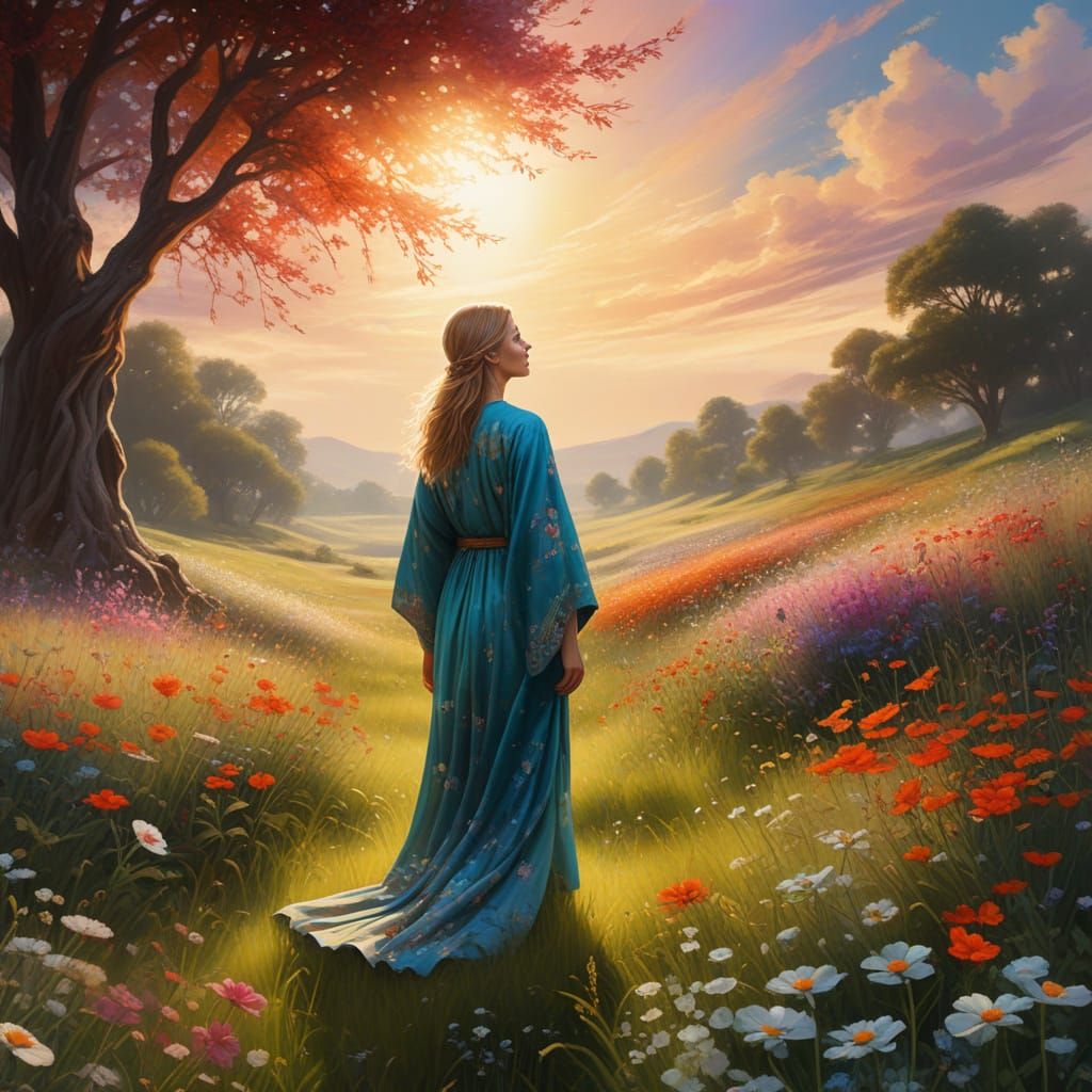 Hopeful Figure in Vibrant Meadow Oil Painting